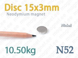 Neodymium magnet Disc 15x3mm, N52, Nickel