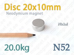 Neodymium magnet Disc 20x10mm N52, Nickel