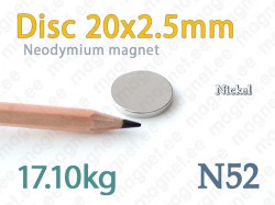Neodymium magnet Disc 20x2,5mm N52, Nickel