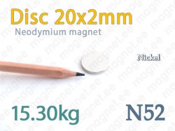 Neodymium magnet Disc 20x2mm N52, Nickel