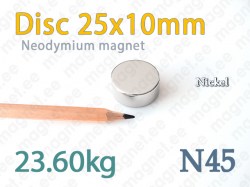 Neodymium magnet Disc 25x10mm N45, Nickel
