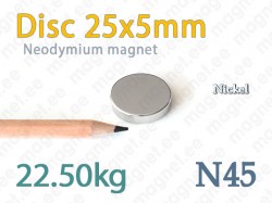 Neodymium magnet Disc 25x5mm N45, Nickel
