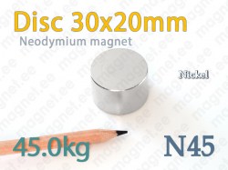 Neodymium magnet Disc 30x20mm N45, Nickel
