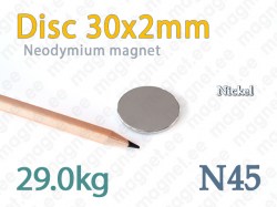 Neodymium magnet Disc 30x2mm N45, Nickel