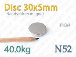 Neodymium magnet Disc 30x5mm N52, Nickel