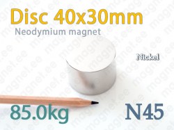 Neodymium magnet Disc 40x30mm N45, Nickel