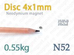 Neodymium magnet Disc 4x1mm N52, Nickel