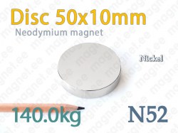 Neodymium magnet Disc 50x10mm N52, Nickel