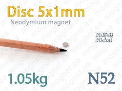 Neodymium magnet Disc 5x1mm N52, Nickel
