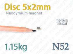 Neodymium magnet Disc 5x2mm N52, Nickel