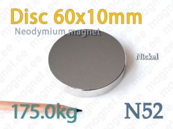 Neodymium magnet Disc 60x10mm N52, Nickel