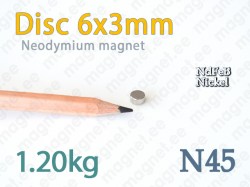 Neodymium magnet Disc 6x3mm N45, Nickel