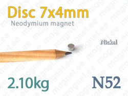 Neodymium magnet Disc 7x4mm N52, Nickel