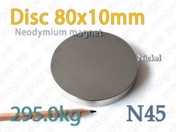 Neodymium magnet Disc 80x10mm N45, Nickel