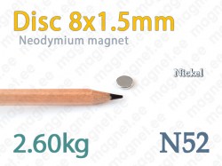Neodymium magnet Disc 8x1,5mm N52, Nickel