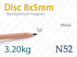 Neodymium magnet Disc 8x5mm N52, Nickel