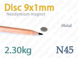 Neodymium magnet Disc 9x1mm N45, Nickel