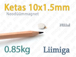 Liimitav neodüümmagnet, Ketas 10x1.5mm, Nikkel