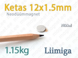 Liimitav neodüümmagnet, Ketas 12x1,5mm, Nikkel