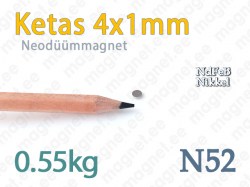 Neodüümmagnet Ketas 4x1mm, N52, Nikkel