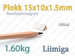 Liimitav neodüümmagnet Plokk 15x10x1,5mm, Nikkel