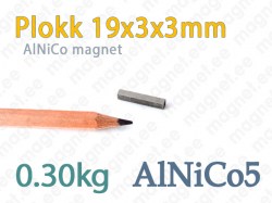 AlNiCo magnet, Plokk 19x3x3mm, AlNiCo5