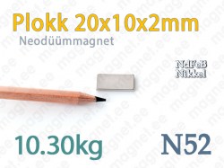 Neodüümmagnet Plokk 20x10x2mm, N52, Nikkel