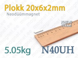 Neodüümmanget Plokk 20x6x2mm N40UH, Nikkel