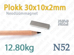 Neodüümmagnet Plokk 30x10x2mm N52 Nikkel