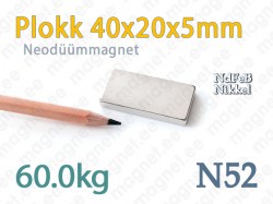 Neodüümmagnet Plokk 40x20x5mm N52, Nikkel