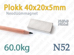 Neodüümmagnet Plokk 40x20x5mm N52, Nikkel