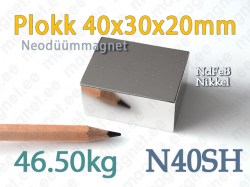 Plokkmagnet - Neodüümmagnet Ketas 40x30x20mm, N40SH, Nikkel