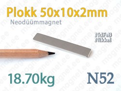 Neodüümmagnet Plokk 50x10x2mm N52, Nikkel