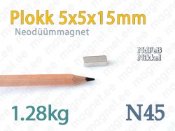 Plokkmagnetid: Neodüümmagnet Plokk 5x5x15mm, N45, Nikkel