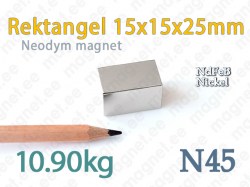Neodymmagnet Rektangel 15x15x25mm, N45, Nickel