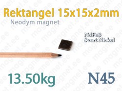 Neodymmagnet Rektangel 15x15x2mm, N45, Svart nickel