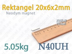 Neodymmagnet Rektangel 20x6x2mm N40UH, Nickel