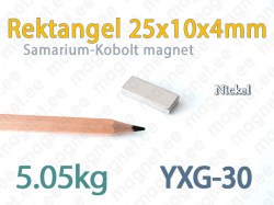 SmCo magnet Rektangel 25x10x4mm, YXG30, Nickel