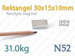 Neodymmagnet Rektangel 30x15x10mm, N52, Nickel