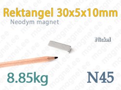 Neodymmagnet Rektangel 30x5x10mm, N45, Nickel