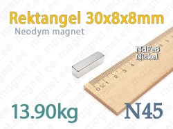 Neodymmagnet Rektangel 30x8x8mm, N45, Nickel
