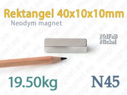 Neodymmagnet Rektangel 40x10x10mm, N45, Nickel