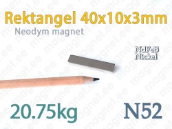 Neodymmagnet Rektangel 40x10x3mm, N52, Nickel