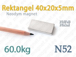Neodymmagnet Rektangel 40x20x5mm, N52, Nickel