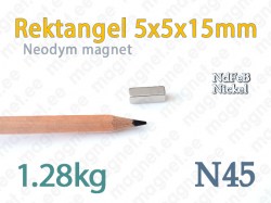 Neodymmagnet Rektangel 5x5x15mm, N45, Nickel