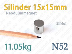 Neodüümmagnet, Silinder 15x15mm, N52, Nikkel