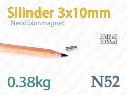 Silindermagnetid: Neodüümmagnet Silinder 3x10mm, N52, Nikkel
