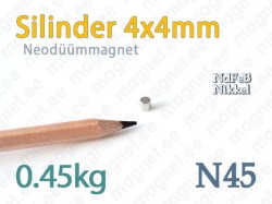 Silindermagnetid: Neodüümmagnet Silinder 4x4mm, N45, Nikkel