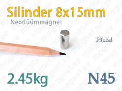 Neodüümmagnet Silinder 8x15mm, N45, Nikkel