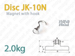 Magnet with Hook, Disc JK-10N, Nickel